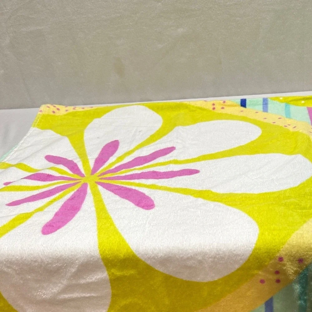 Vera Bradley Beach Towel Floating Blossoms Cotton Blue Green Stripe‎ Lemon NEW